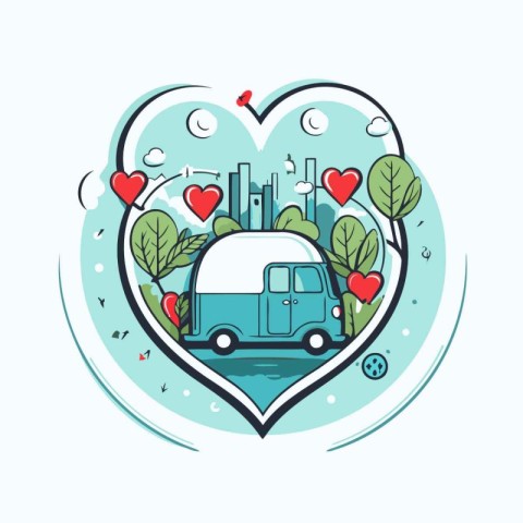 Vector illustration of heart-shaped sticker with van. trees and