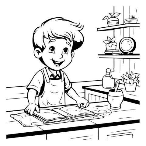 Black and White Cartoon Illustration of Kid Boy Learning to Cook