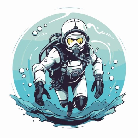 Diver in scuba diving suit on the water. Vector illustration.