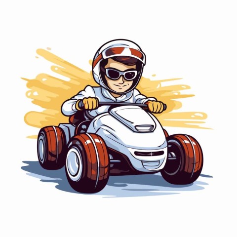 Funny karting boy riding a race car. Vector illustration.