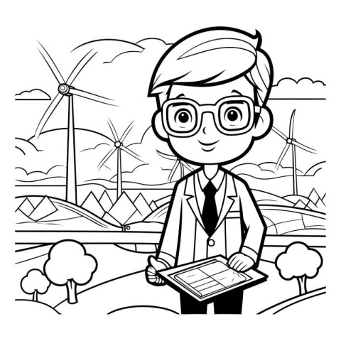 Black and White Cartoon Illustration of Eco Engineer with Wind T