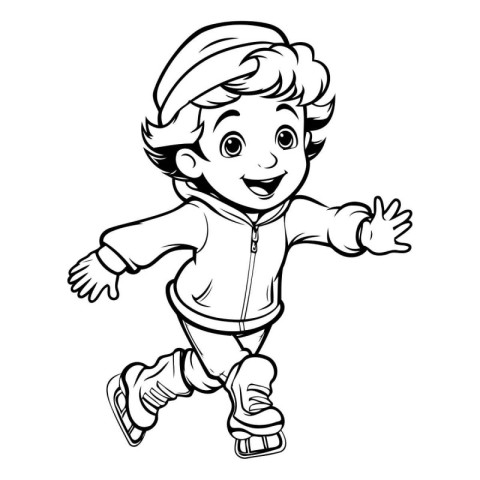 Boy Roller Skating - Black and White Cartoon Illustration. Vecto