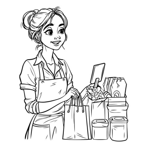 Vector illustration of a woman in apron holding a shopping bag.