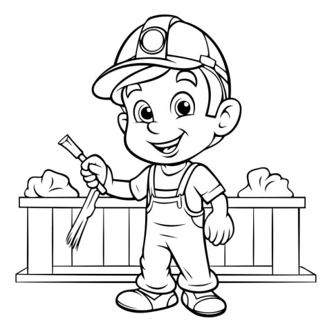 Black and White Cartoon Illustration of Cute Little Boy Construc