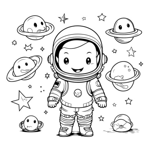 Astronaut boy in space. Cute cartoon character. Vector illustrat