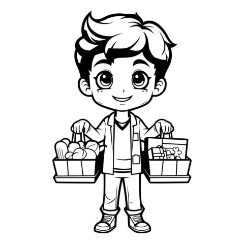 Supermarket Kid - Black and White Cartoon Vector Illustration. I