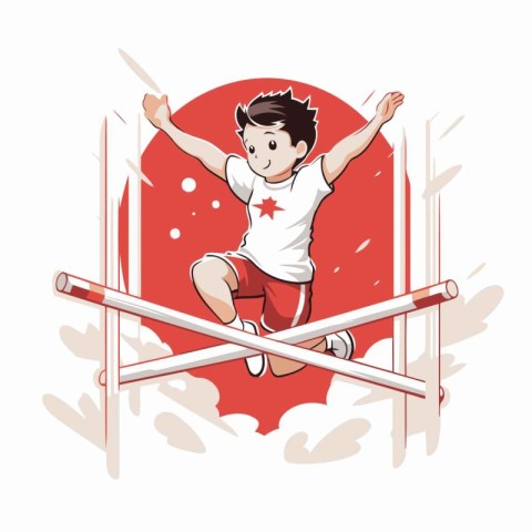 Athletic boy jumping over a hurdle. vector illustration.