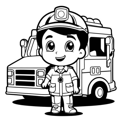 Firefighter boy with fire truck black and white vector illustrat