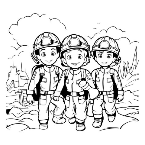 Firefighters - Coloring Page Cartoon Illustration of Kids in Fir