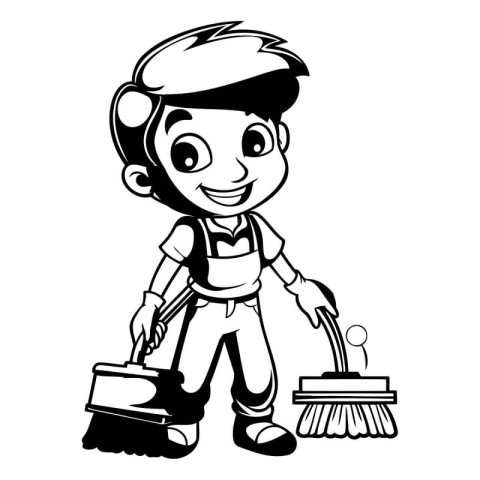 Boy Cleaning Floor with Broom - Black and White Cartoon Illustra