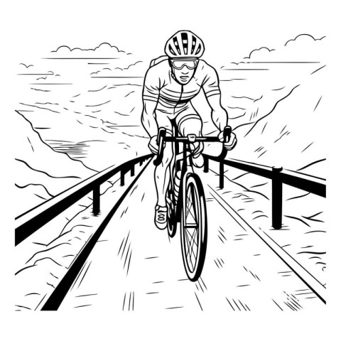 Cyclist riding on the road. Monochrome vector illustration.