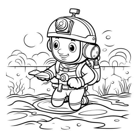 Black and White Cartoon Illustration of Cute Little Astronaut or