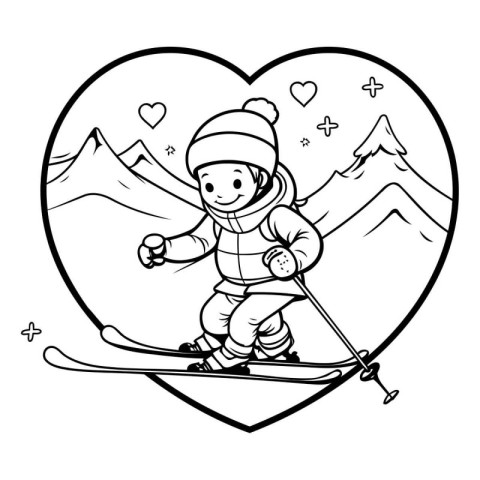 Black and White Cartoon Illustration of Skier in Heart Shape for