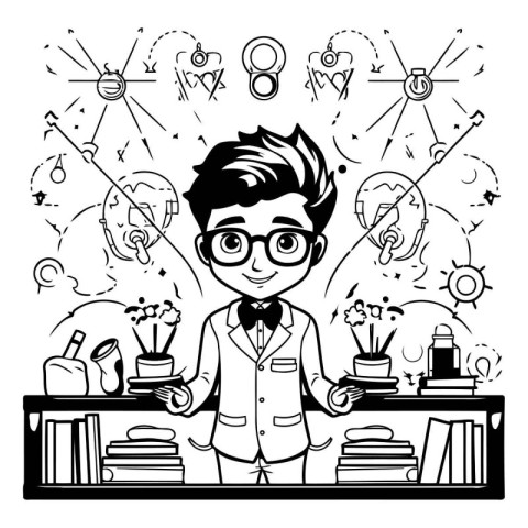 Vector black and white illustration of a male scientist standing