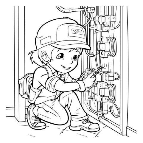 Vector illustration of a little boy repairing a heating system w