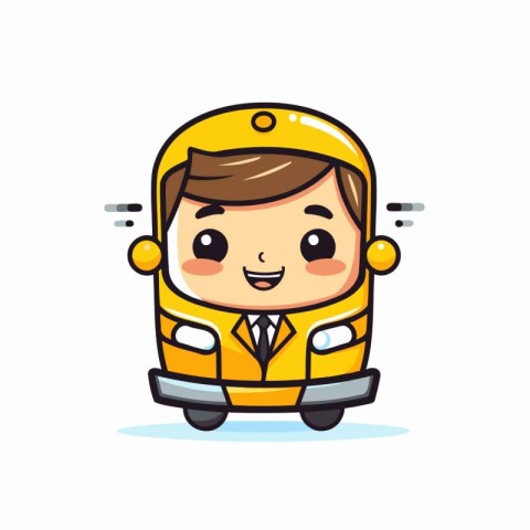 Cute school boy driving a school bus. Vector cartoon character i