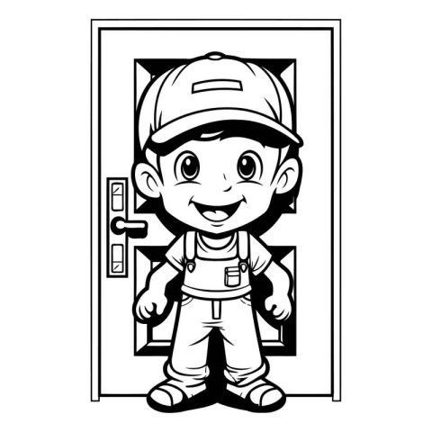 Fireman Opening a Door - Black and White Cartoon Illustration. V