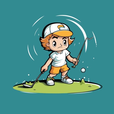 Little boy playing golf on the golf course. Vector cartoon illus