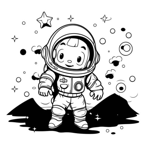 Cute cartoon astronaut in space. Black and white vector illustra