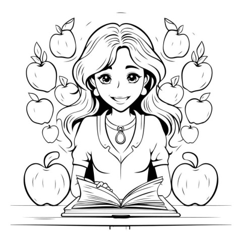 Black and White Cartoon Illustration of Schoolgirl Reading a Boo