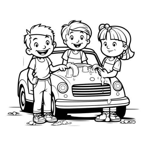 Children and car. Black and white vector illustration for colori