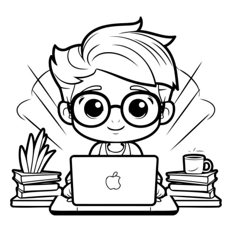 Boy with glasses and laptop. Vector illustration. Coloring book