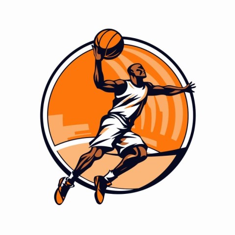 Illustration of a basketball player jumping with ball facing fro