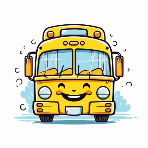 Cute yellow school bus character. Vector illustration on white b