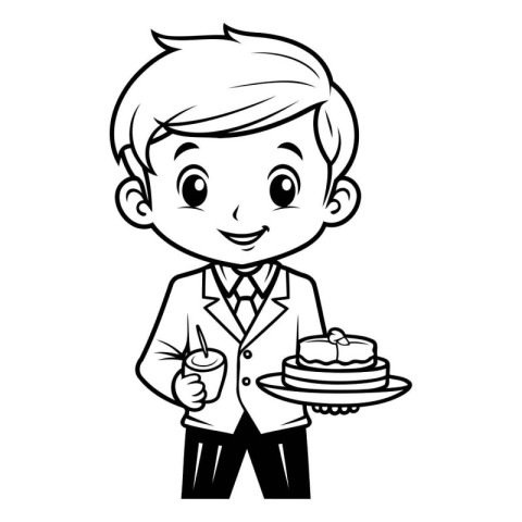 Illustration of a Boy Wearing a Suit and Holding a Cake