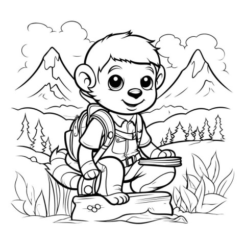 Cute cartoon boy hiking in the mountains. Vector illustration fo