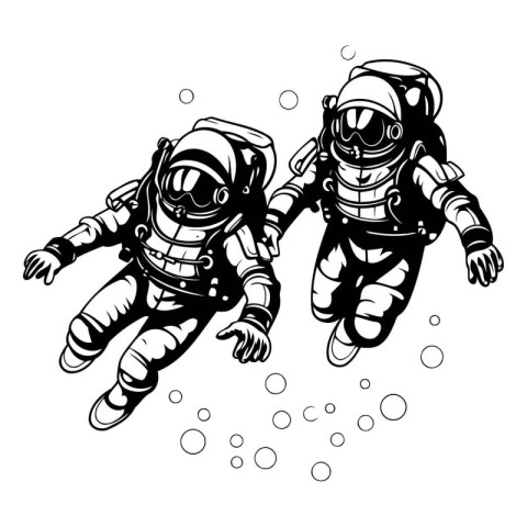 Couple of scuba divers in black and white vector illustration.