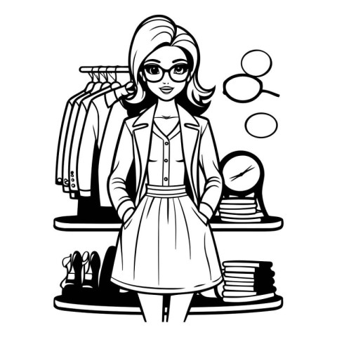 Fashionable girl with glasses. Black and white vector illustrati