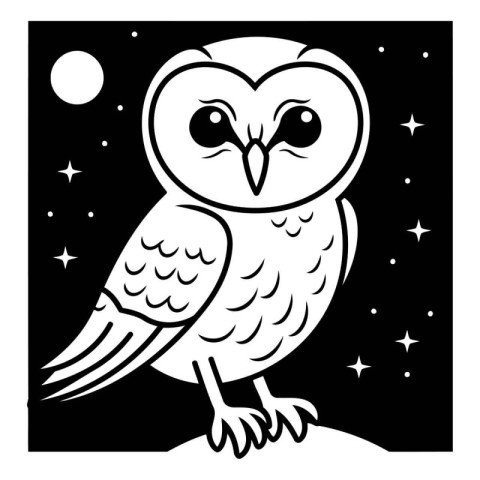 Owl on the night sky. Black and white vector illustration.