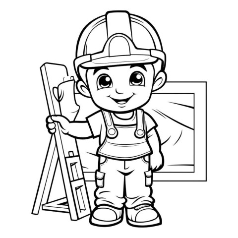 Black and White Cartoon Illustration of Cute Little Boy Construc