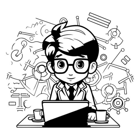 Businessman cartoon with laptop and office supplies in black and