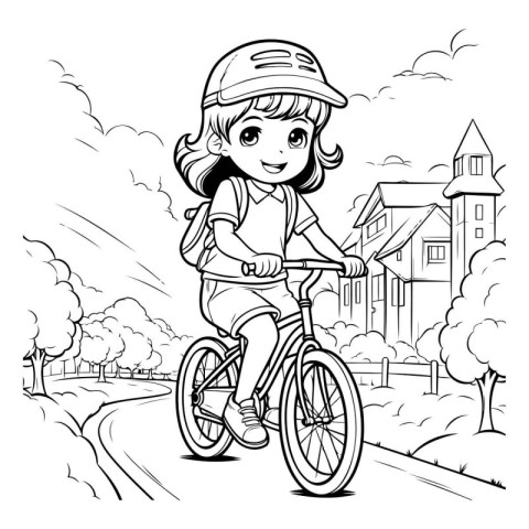 Little girl riding a bicycle in the park. Vector illustration fo