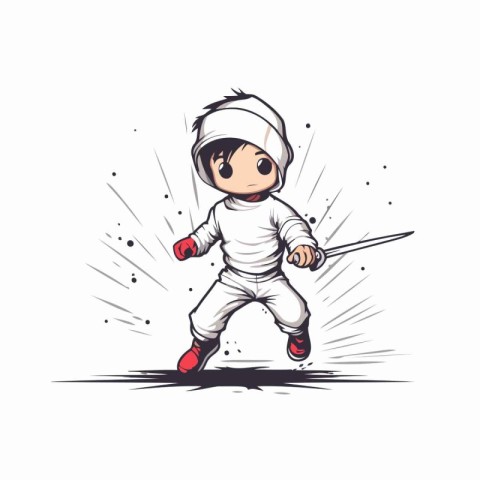 Cartoon karate fighter with a sword. Vector illustration on whit