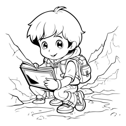 Black and white illustration of a boy with a backpack reading a