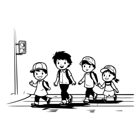 Children crossing the street. Hand drawn vector illustration in