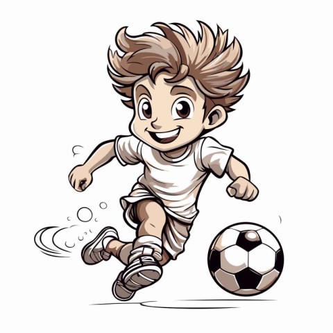 Soccer player running and kicking the ball. Cartoon vector illus