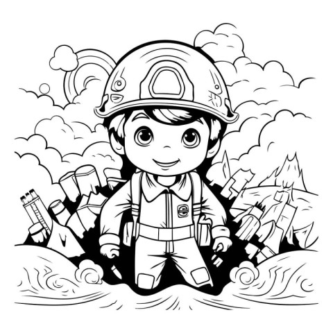 Black and White Cartoon Illustration of Cute Little Boy firefigh