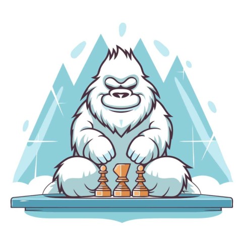 Gorilla with chess pieces on the background of mountains. Vector