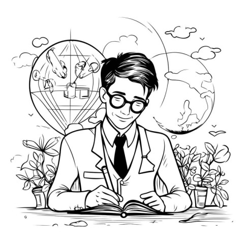 Businessman reading a book. Vector illustration in black and whi