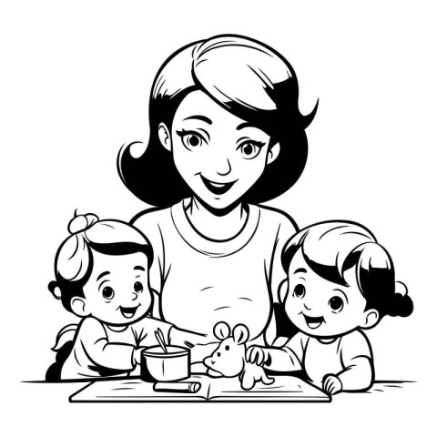 Mother and children playing with toys. Black and white vector il