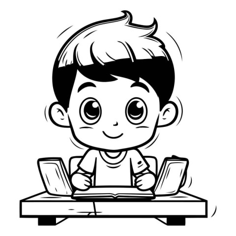 Black and White Cartoon Illustration of Cute Kid Boy Student wit