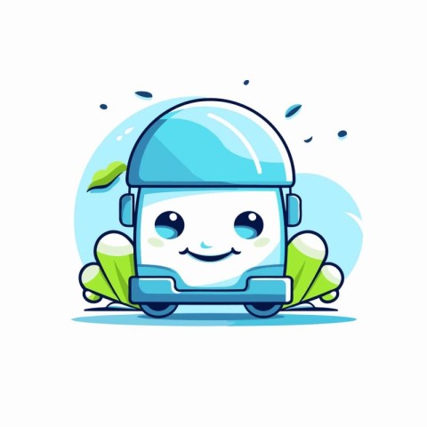 Cute cartoon camper van with smiling face. Vector illustration.