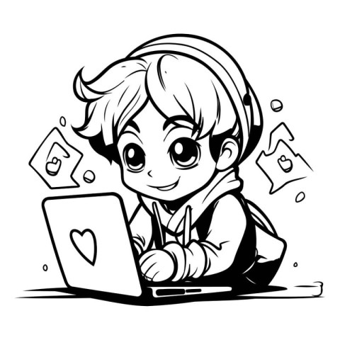 Black and White Cartoon Illustration of Teenage Boy Using Laptop