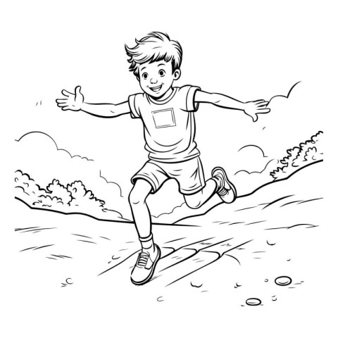 Boy running in the park. Black and white vector illustration for