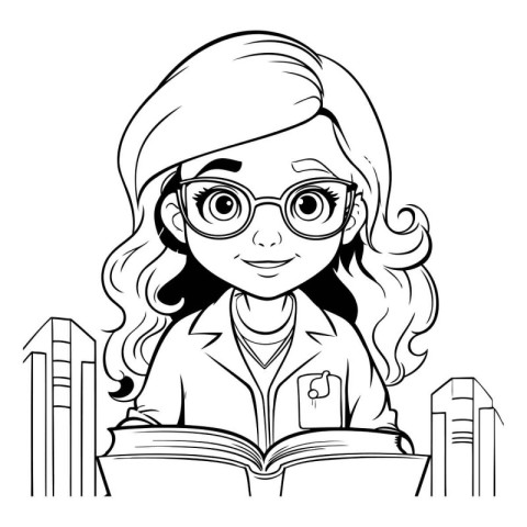 Vector illustration of a girl with glasses reading a book. Black