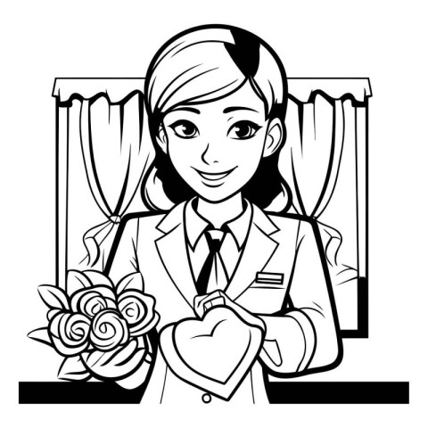 Nurse with a bouquet of roses. Black and white vector illustrati